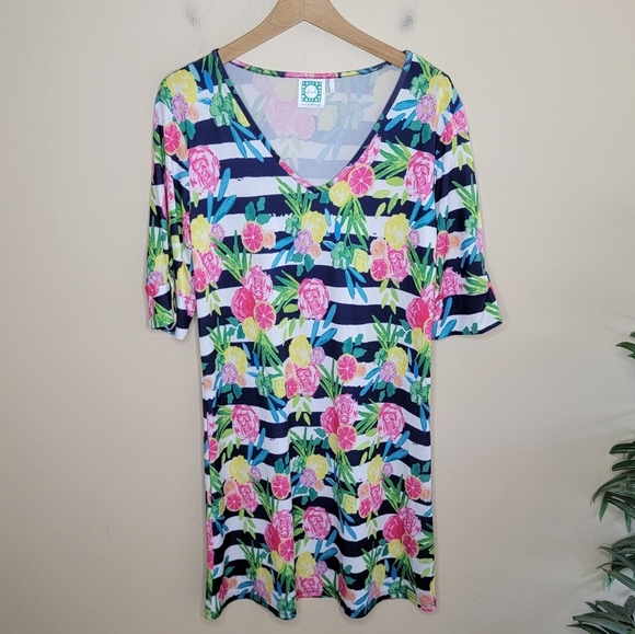 Vfish Vera Fishbaugh | Colorful Striped Floral Fruit V-neck Dress Size Medium - Picture 6 of 6